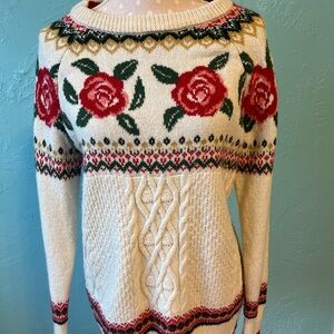 Mossimo Supply Co. Cream Sweater with Red and Green Floral Design